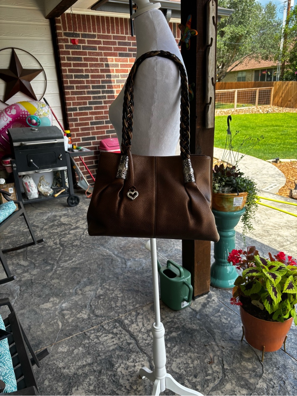 Brighton Bronze Metallic Leather Tote Braided Handles Heart Charm Large Bag